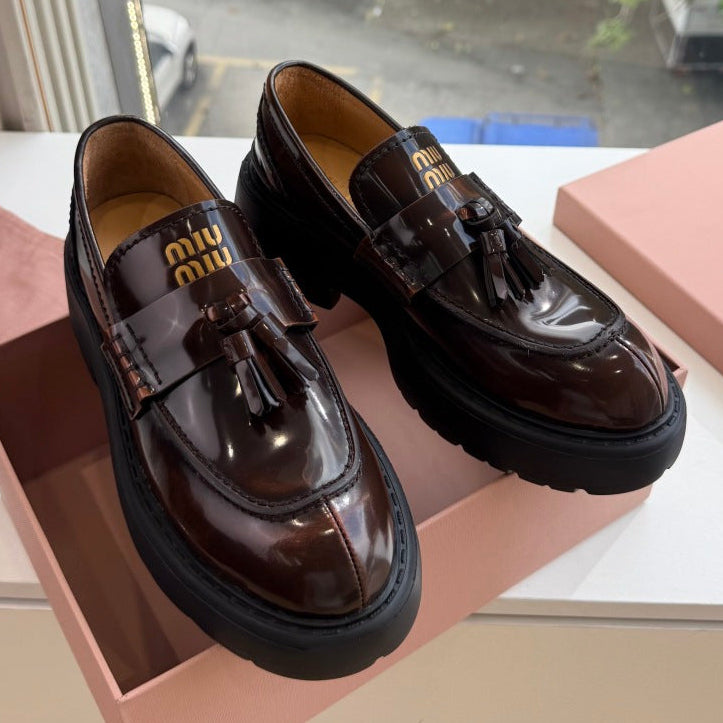 Miu Miu 2026 Platform Loafers Brown Patent Leather 994129