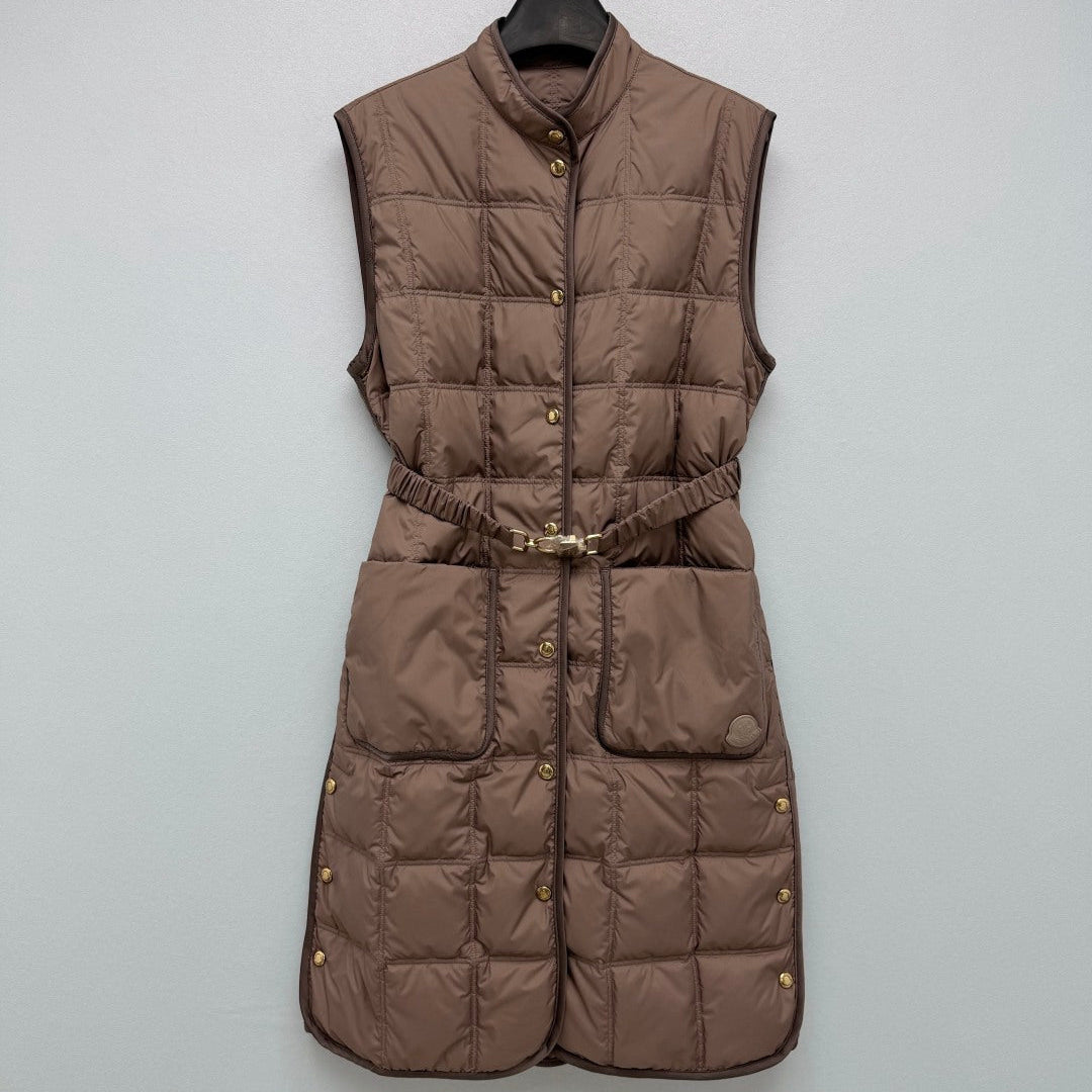 Moncler 2026 Cygnette Square Quilted Long Gilet Brown Down Polyester