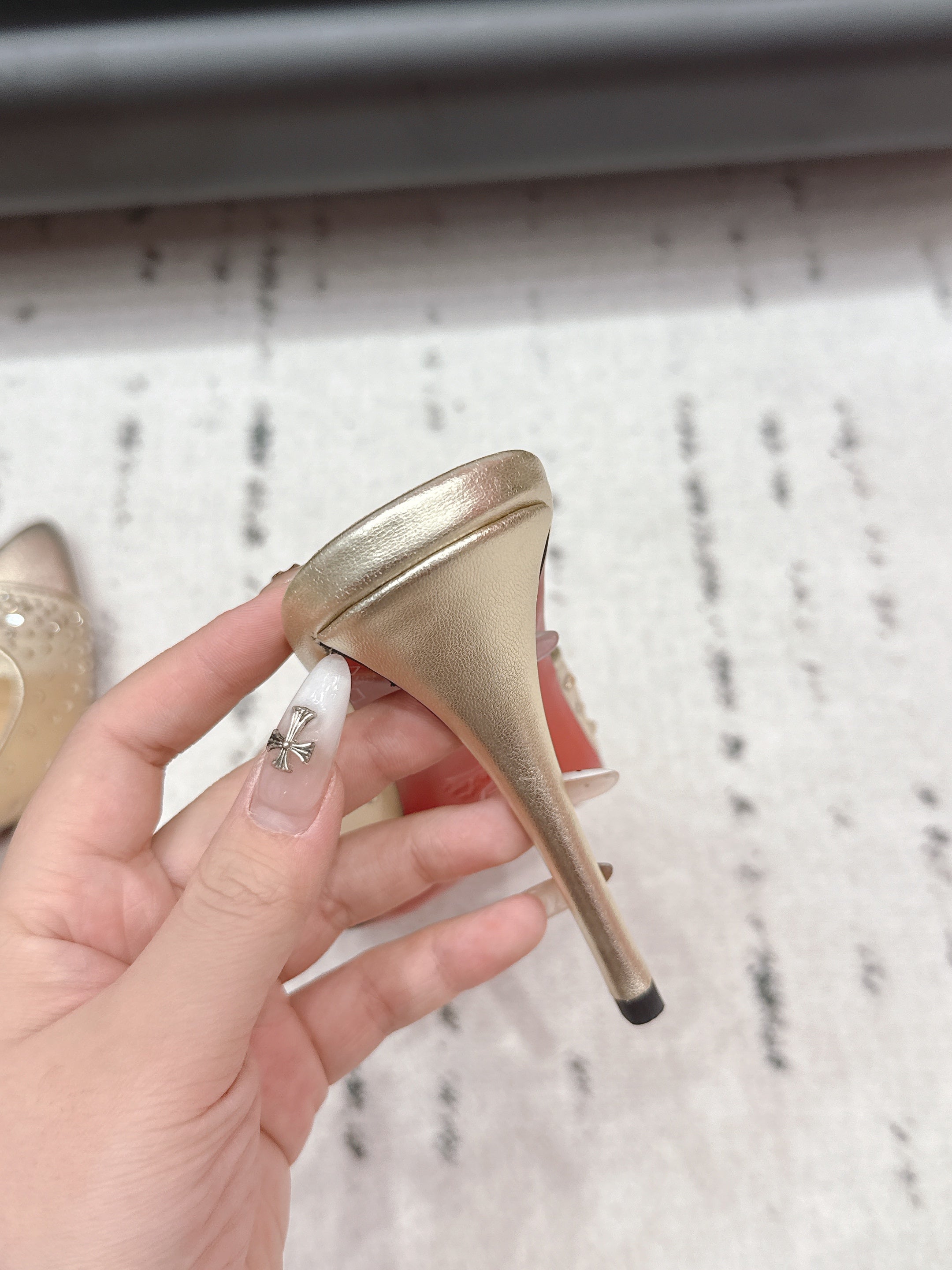 CL 2026 Crystal Embellished Pointed Toe Sandal 100mm Beige Mesh Leather 613628