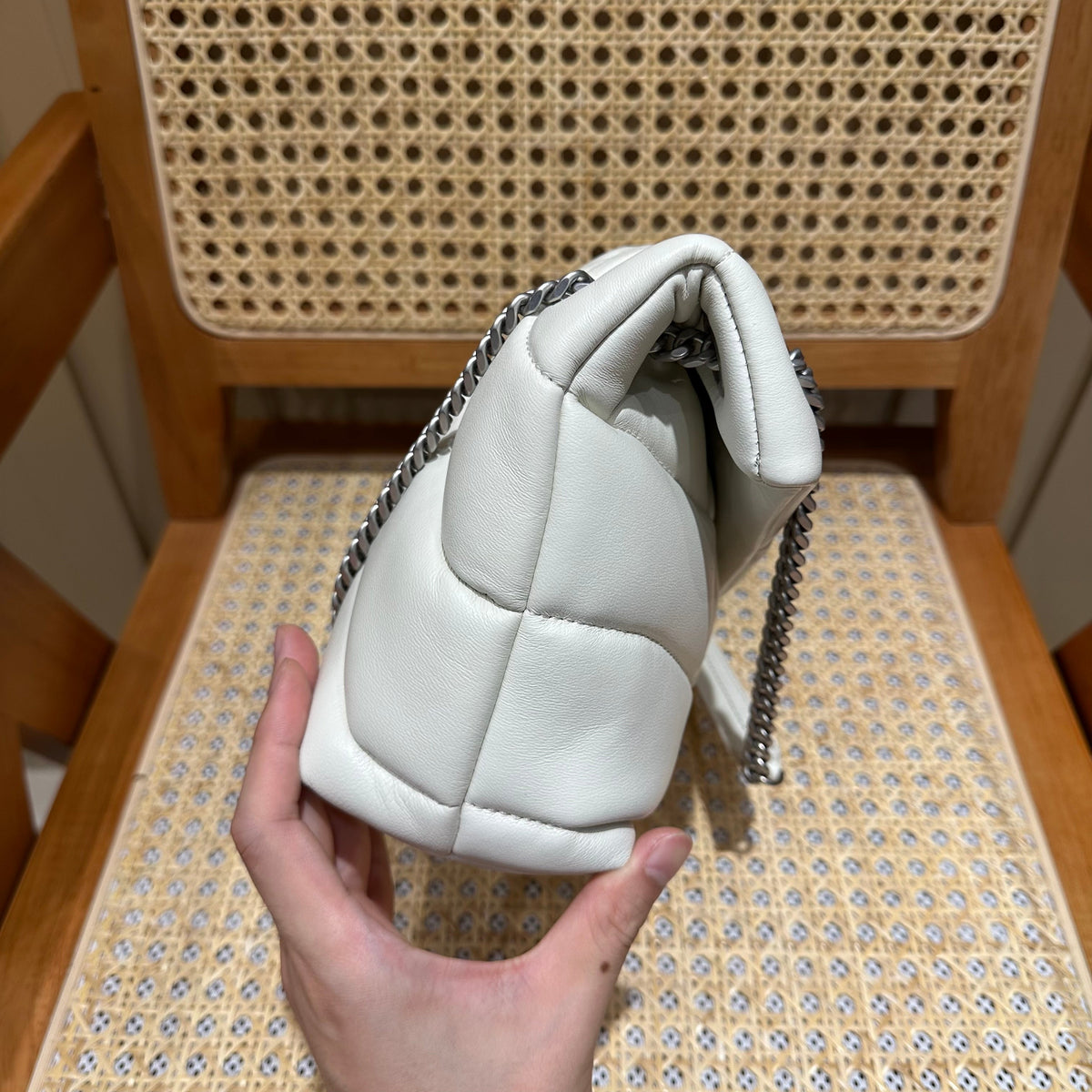 YSL Loulou Puffer Quilted Bag White Silver Lambskin 338859