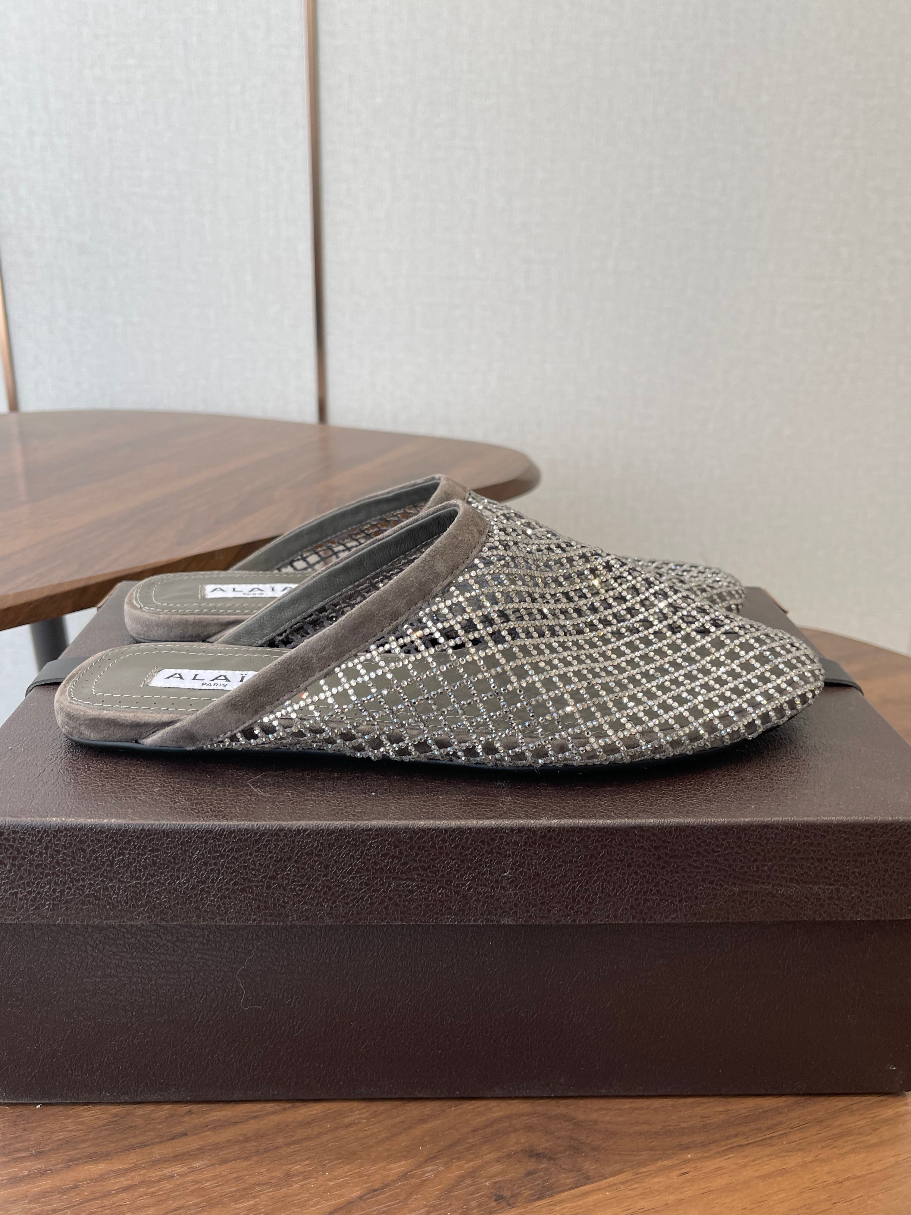 Alaia 26 Half-Slippers Gray Mesh Rhinestones 624898