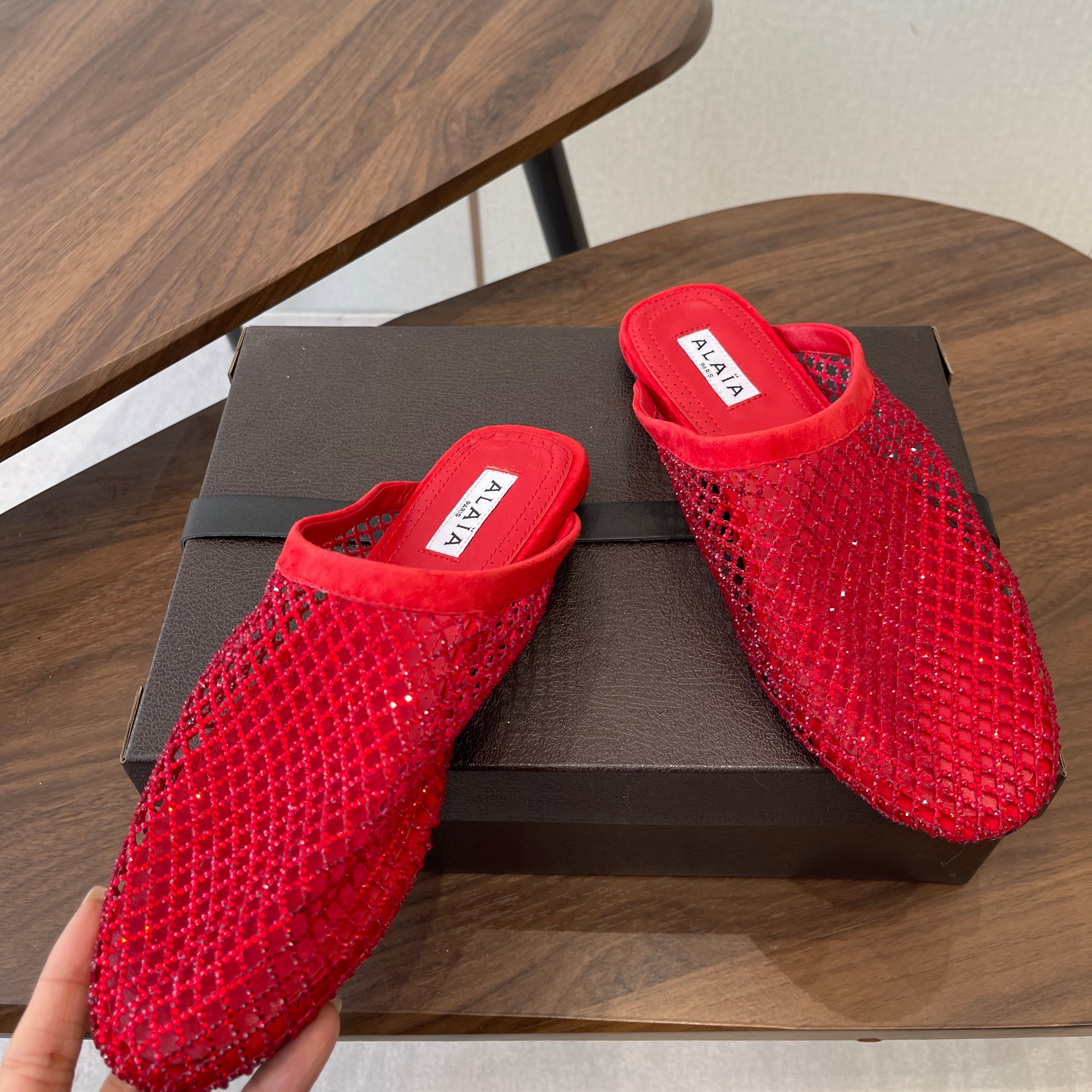 Alaia 26 Half-Slippers Red Mesh Rhinestones 624899
