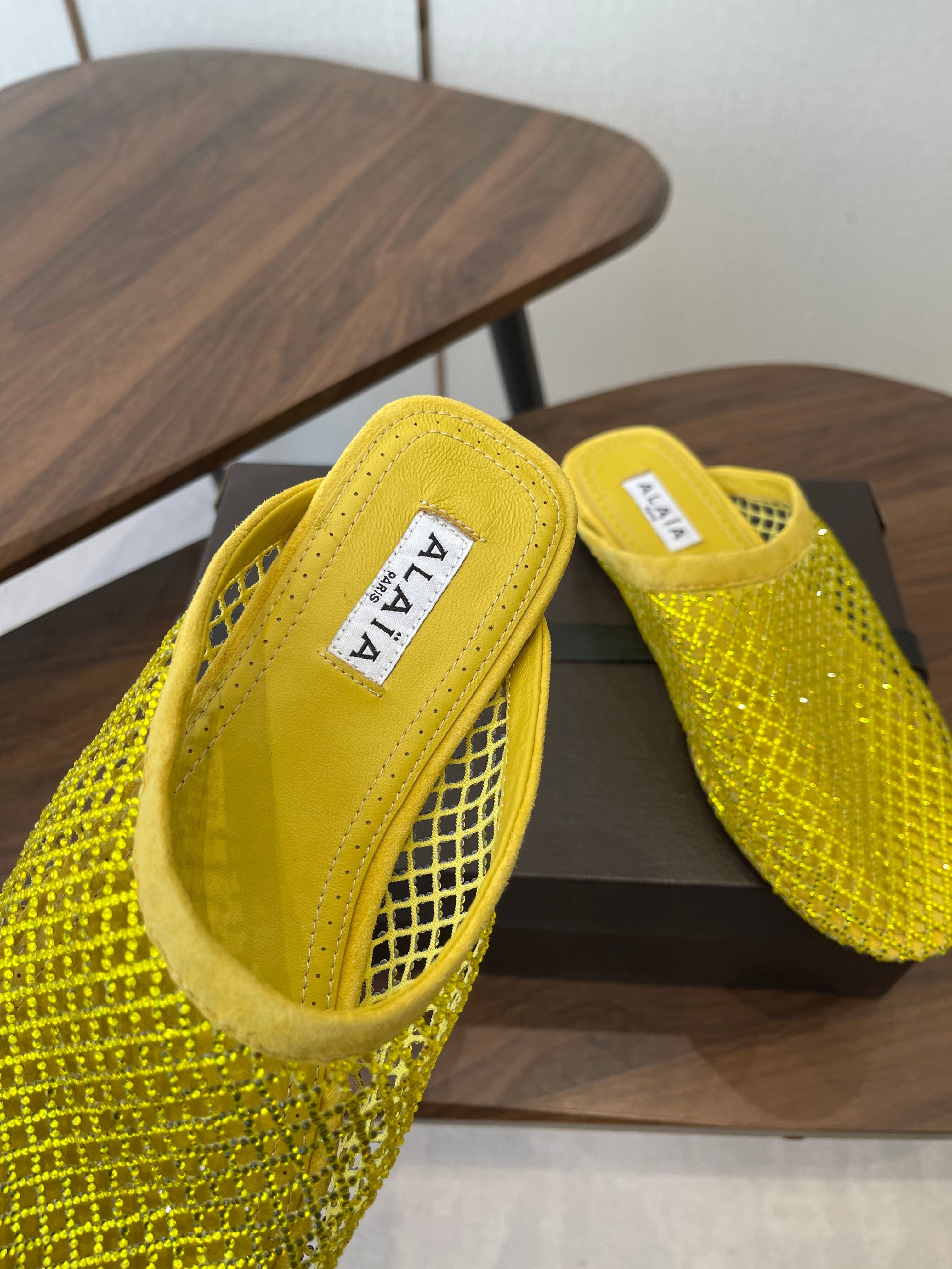 Alaia 26 Half-Slippers Yellow Mesh Rhinestones 624900