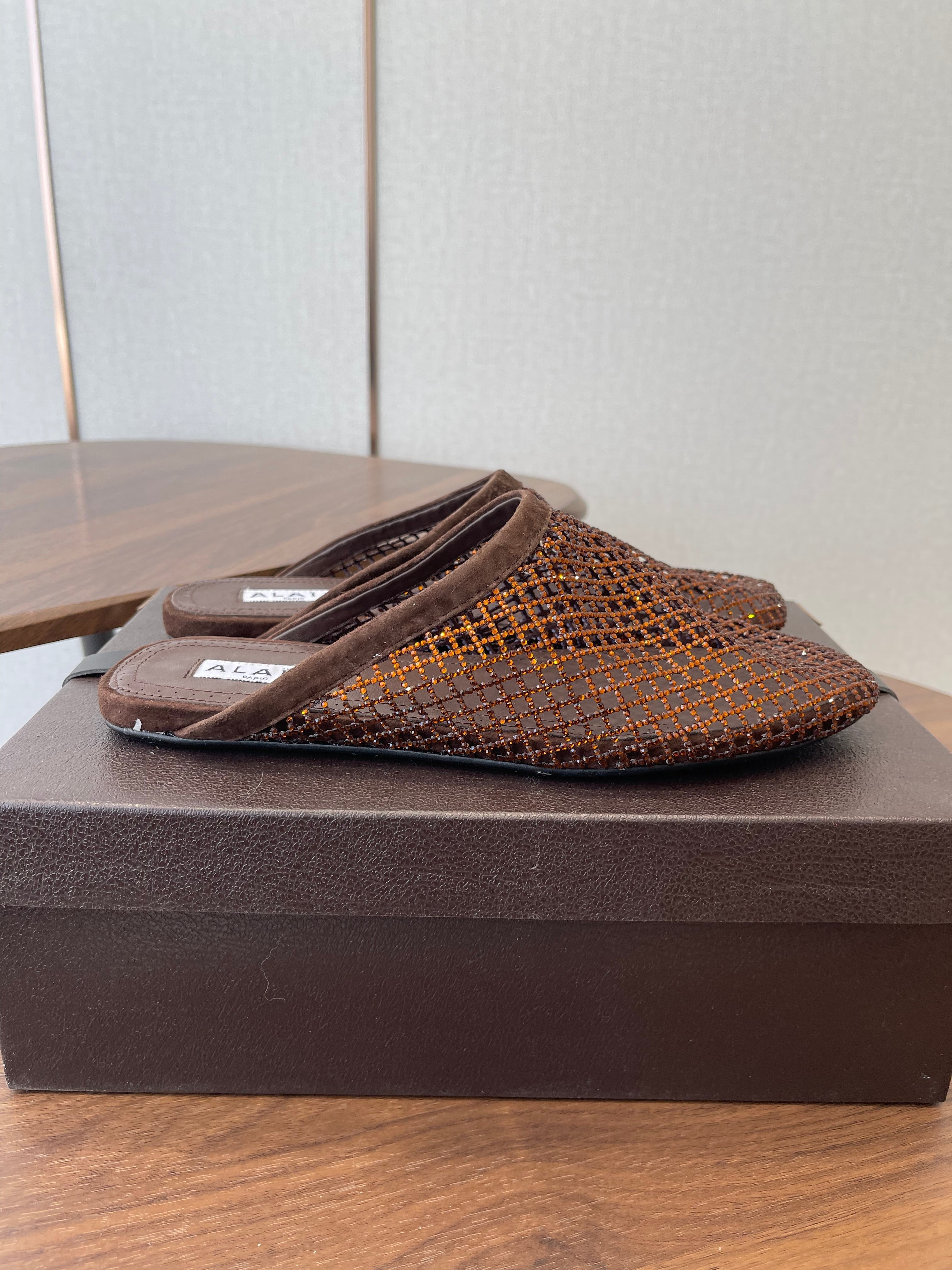 Alaia 26 Half-Slippers Brown Mesh Rhinestones 624903
