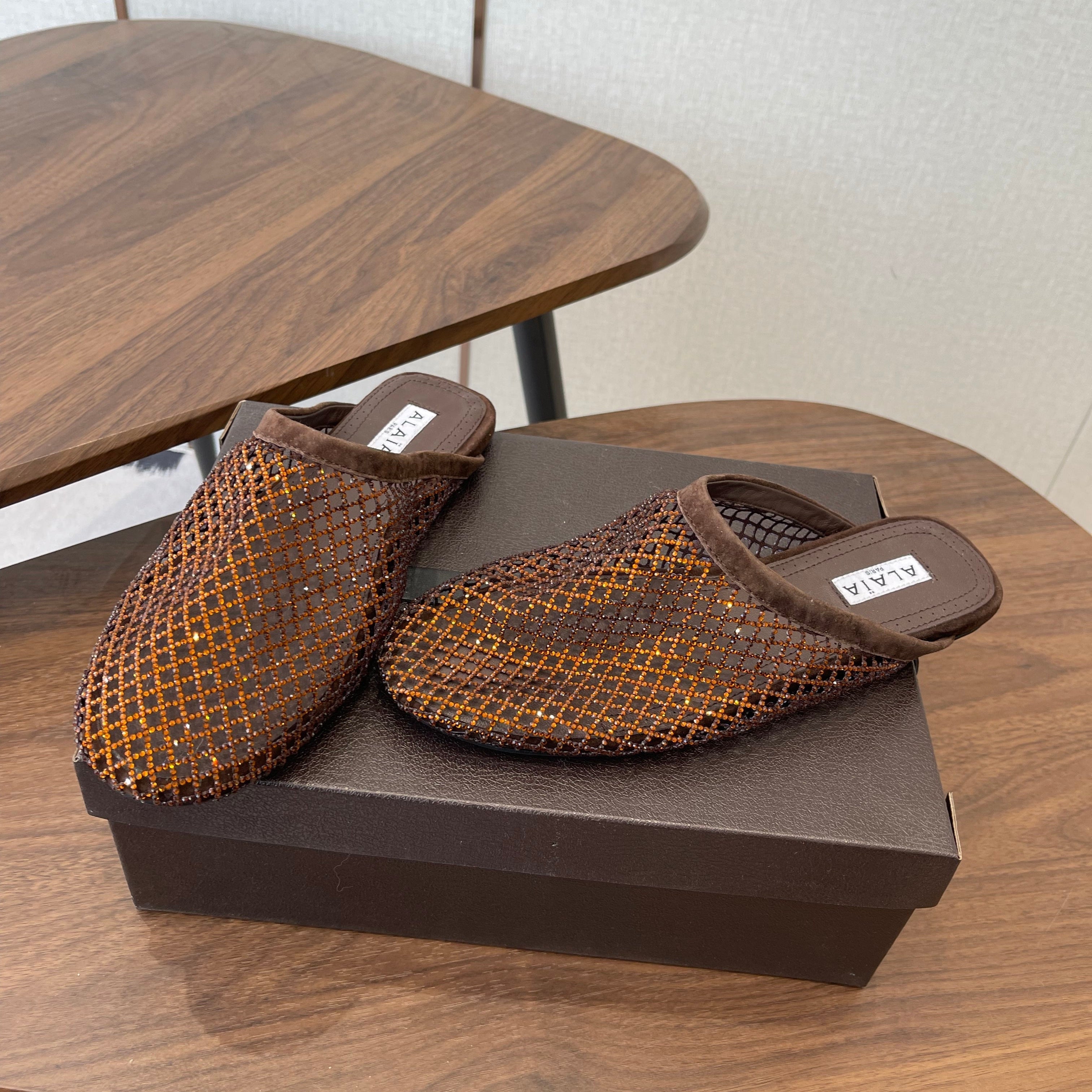 Alaia 26 Half-Slippers Brown Mesh Rhinestones 624903