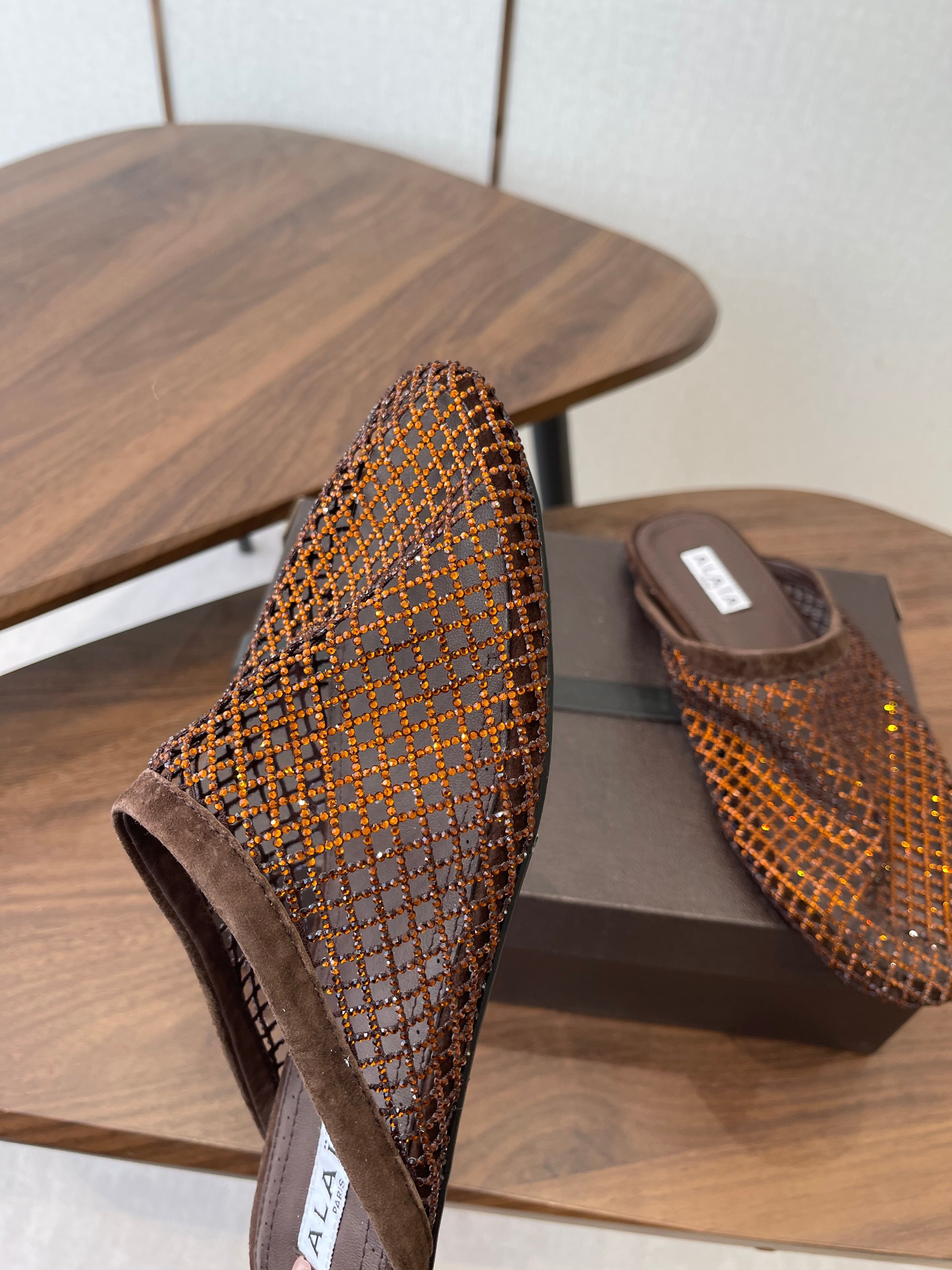 Alaia 26 Half-Slippers Brown Mesh Rhinestones 624903