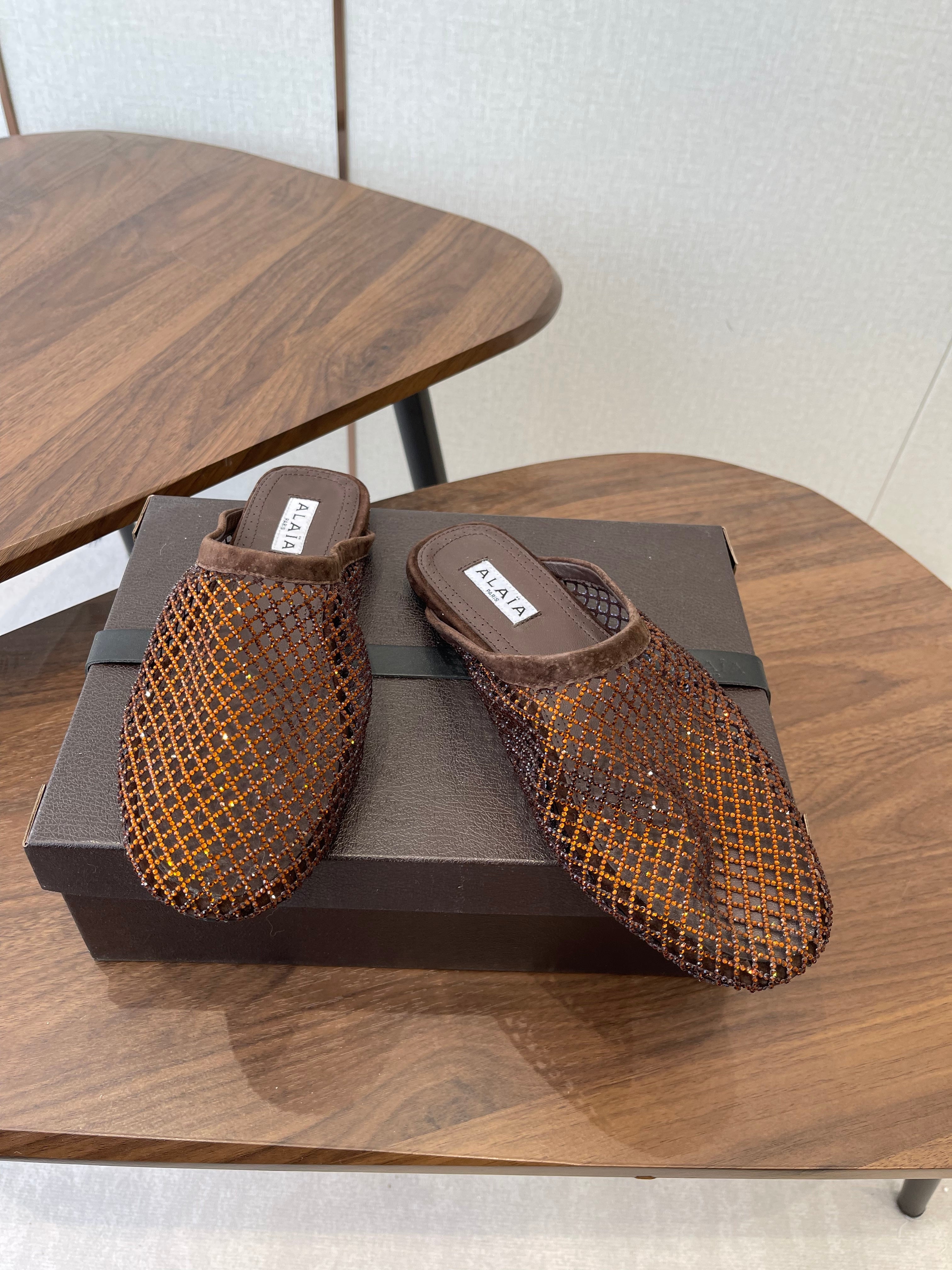 Alaia 26 Half-Slippers Brown Mesh Rhinestones 624903