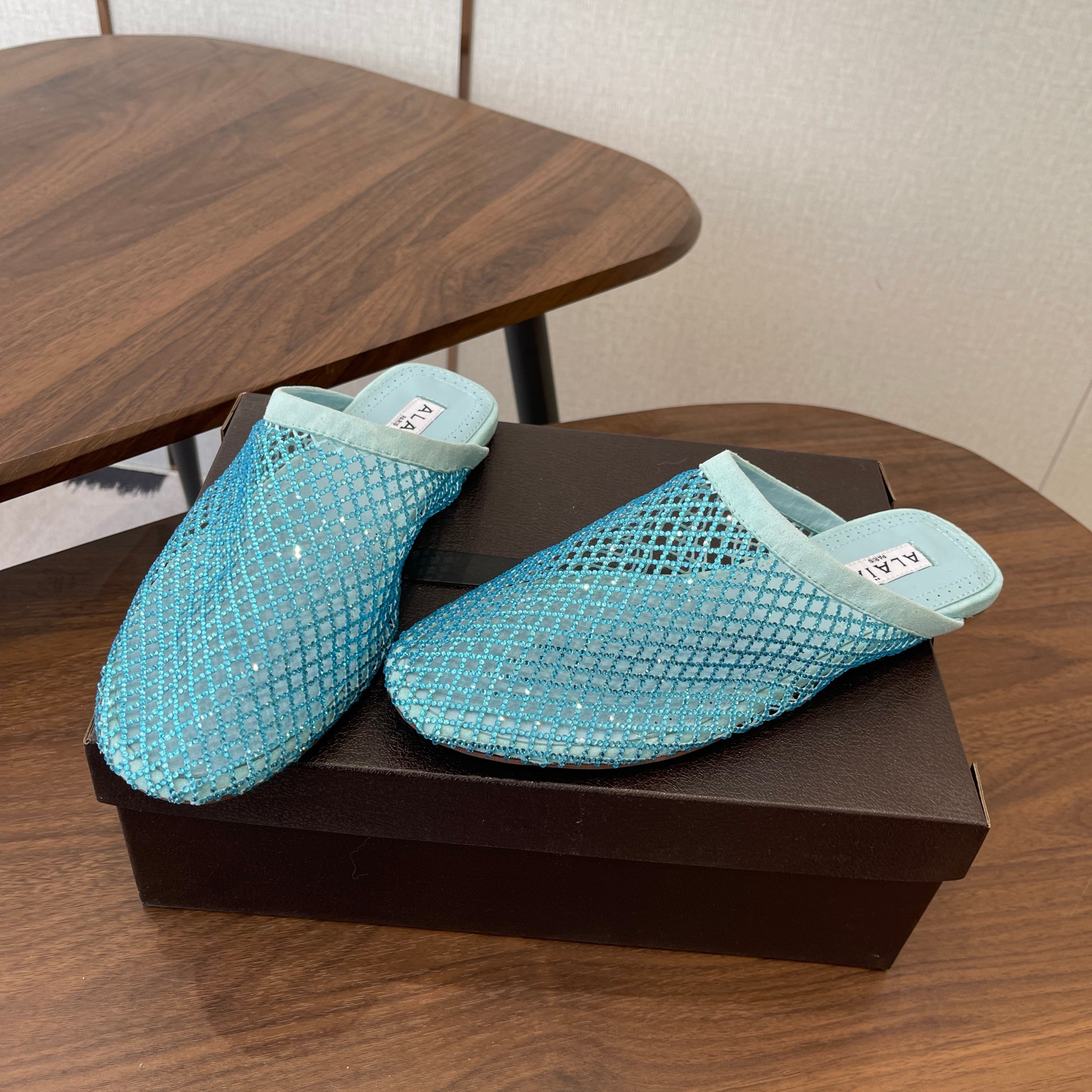 Alaia 26 Half-Slippers Blue Mesh Rhinestones 624905