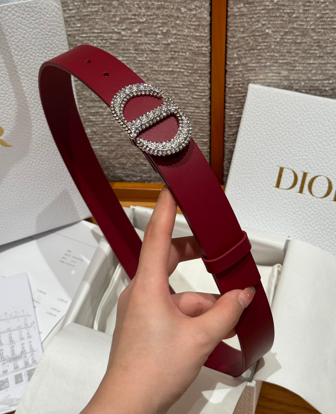 Dior 2026 Rhinestone CD Buckle Belt 25mm Burgundy Cowhide