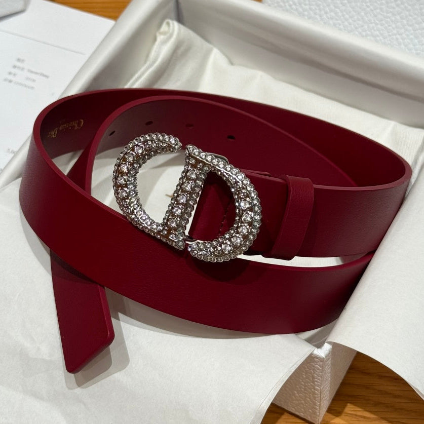 Dior 2026 Rhinestone CD Buckle Belt 25mm Burgundy Cowhide