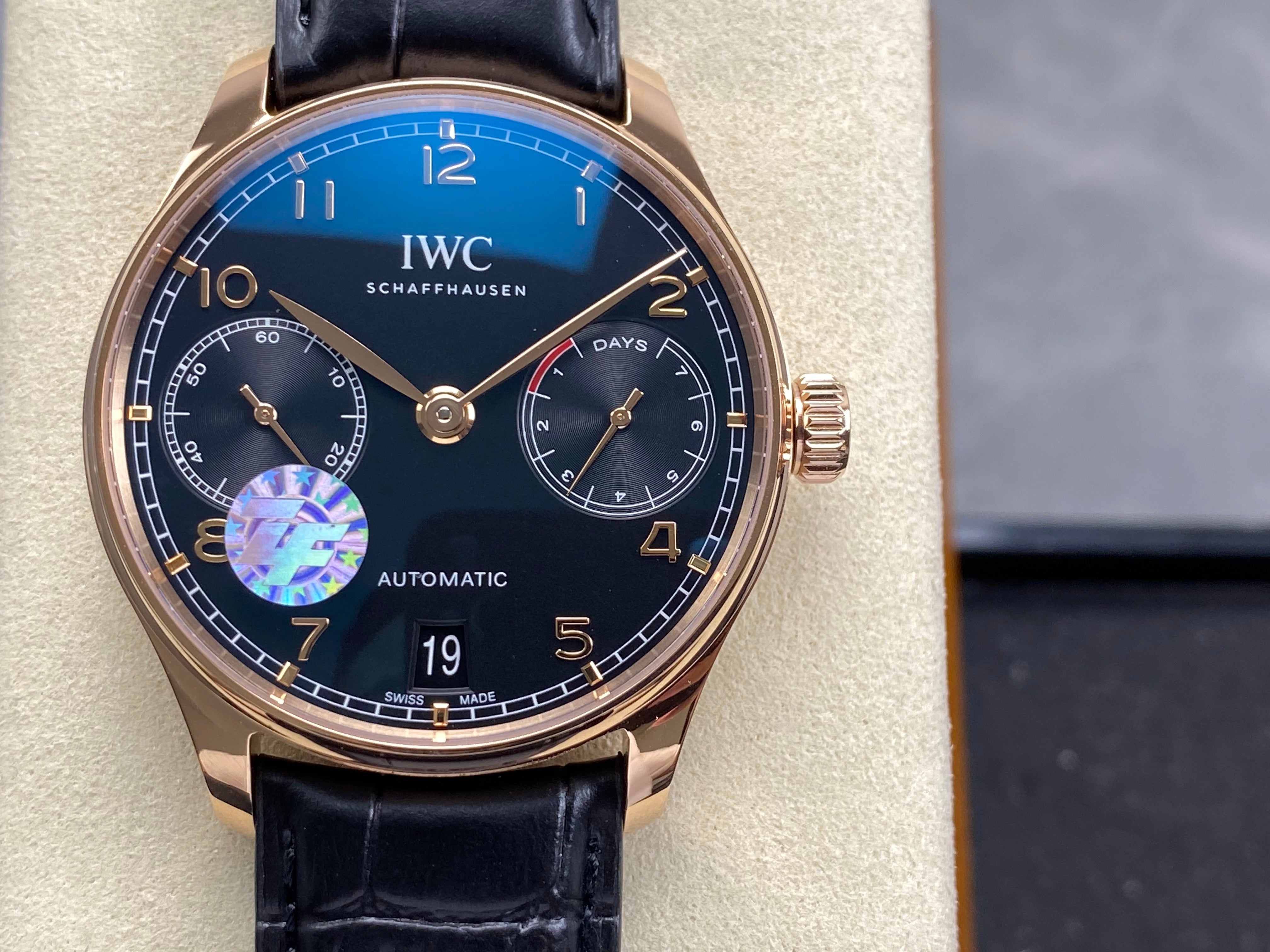 IWC Portuguese 42mm Black Dial Pink Gold Case Crocodile Leather
