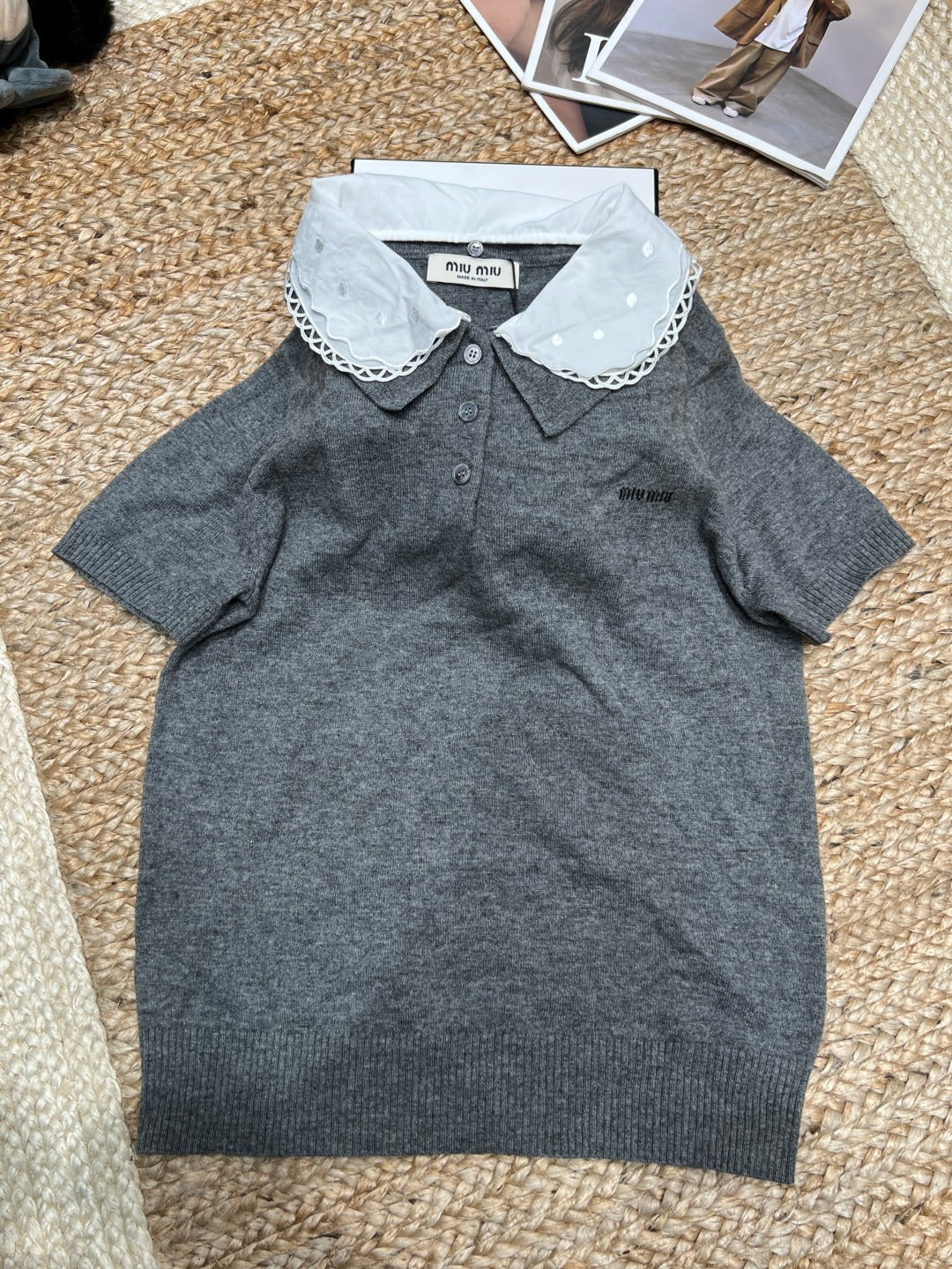 Miumiu 2026 Embroidered Poplin Collar Polo Gray Wool