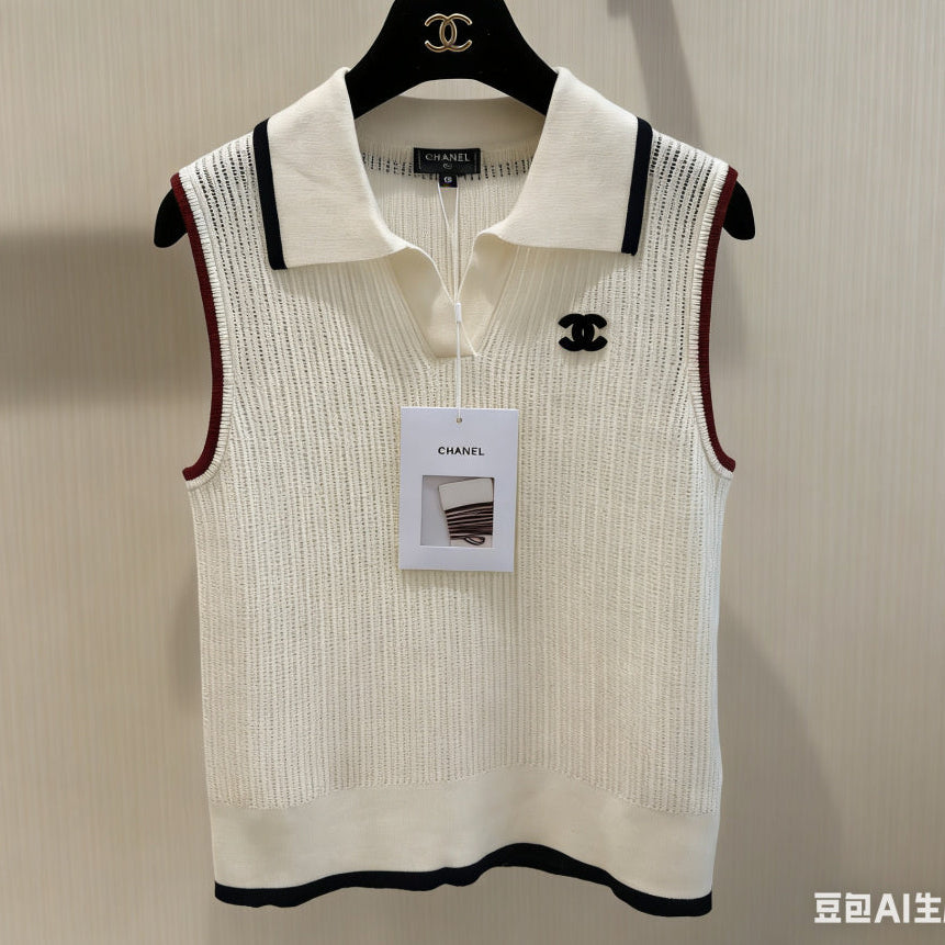 Chanel 2026 Cream Sleeveless Knit Polo Vest Acrylic 230239