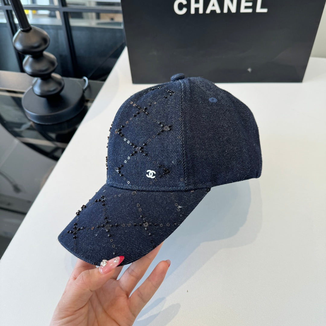Chanel Baseball Cap With Decorative Embellishments Blue Denim Cotton 237288