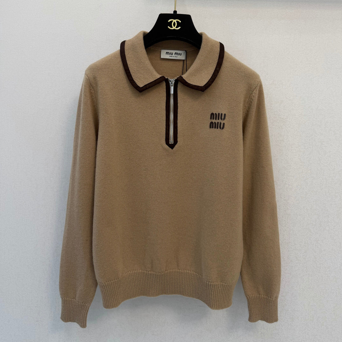 Miumiu 2026 Collared Half-zip Long-sleeved Shirt Light Brown Wool 425585