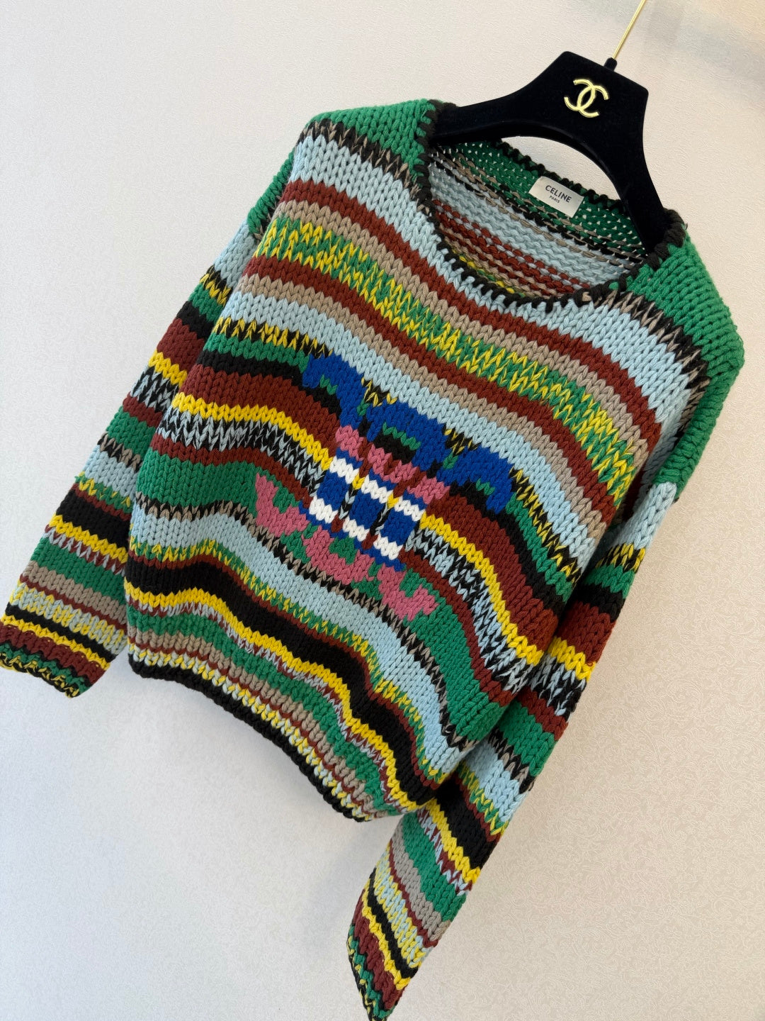 Celine 2026 Cable-knit Crewneck Sweater Green Mix Colors Wool 433559