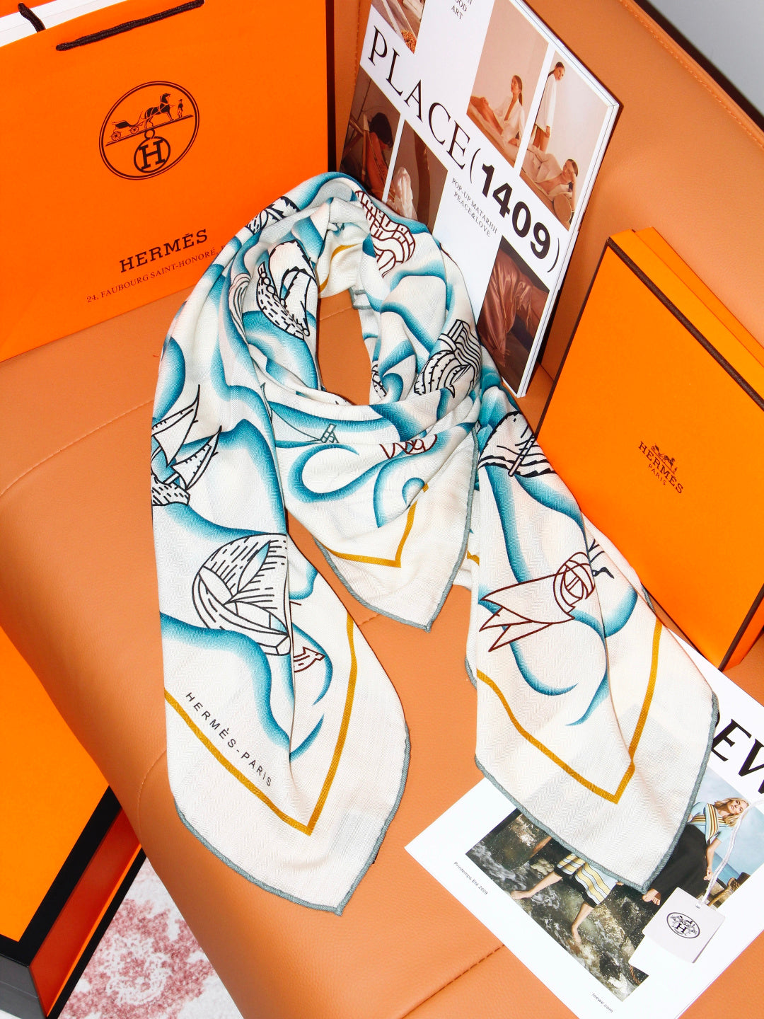 Hermès 2026 L'Appel Du Large Shawl Scarf 140cm Blue White Cashmere And Silk 218150
