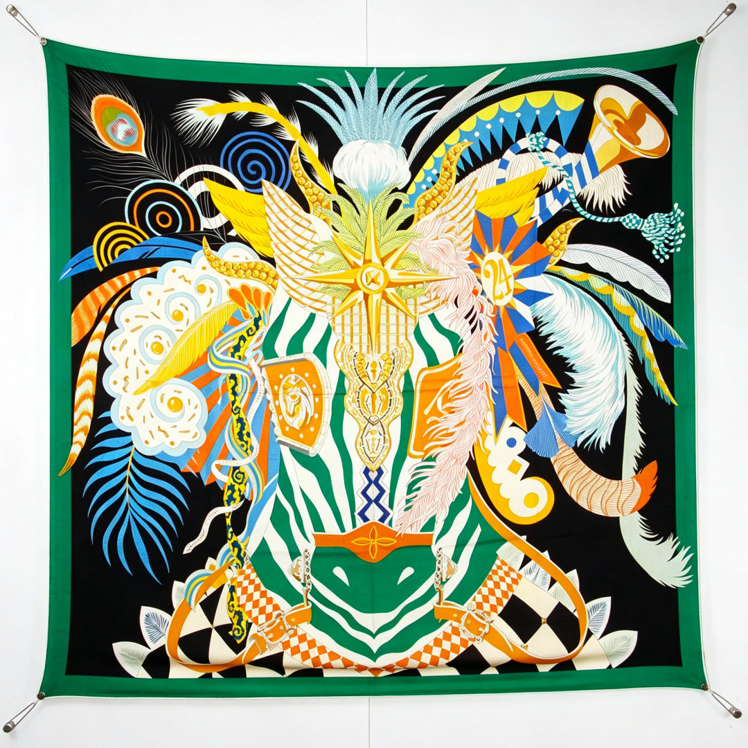 Hermès 2026 Cheval Masque Shawl Scarf 90cm Green Black Cashmere 218143