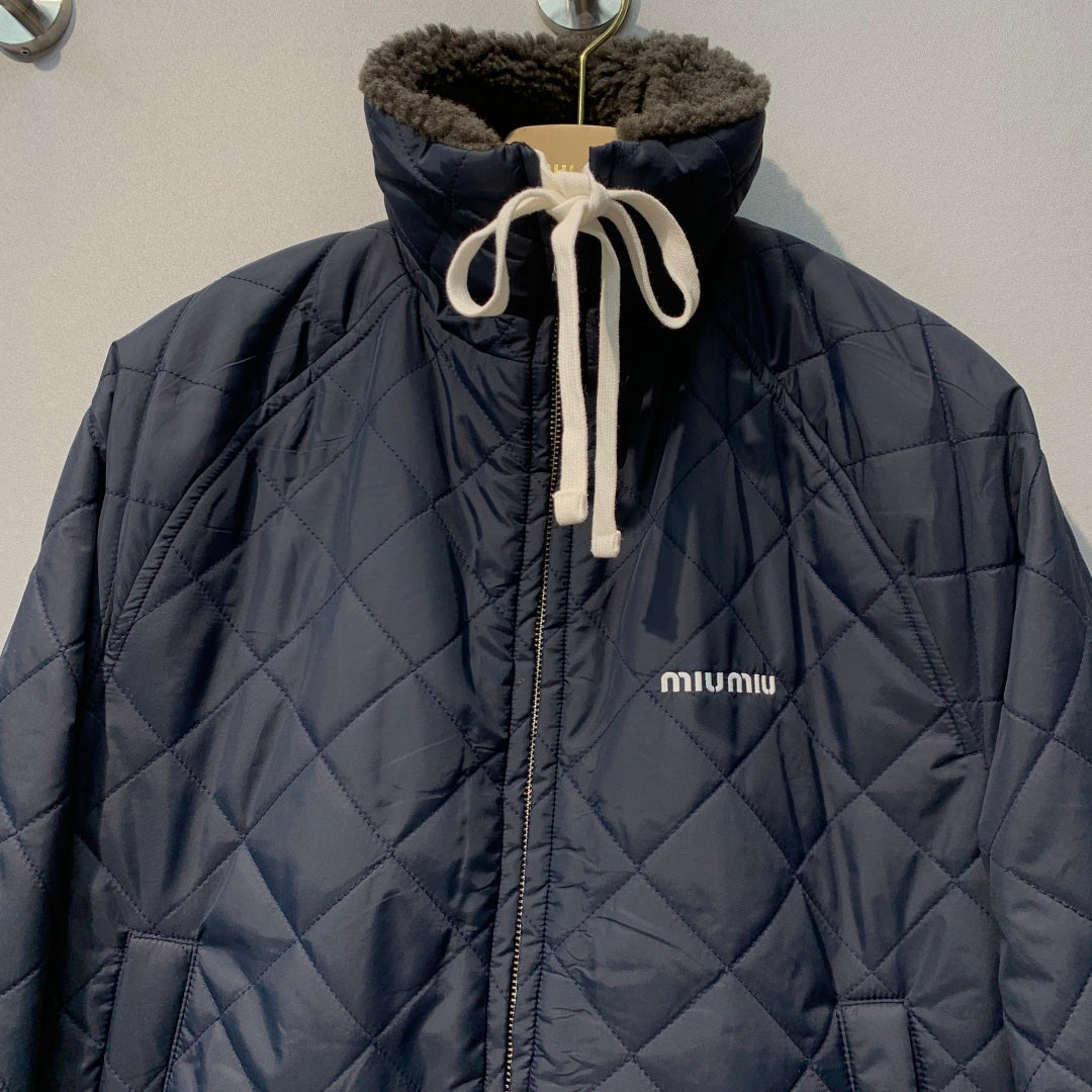 Miumiu 2026 Quilted Down Jacket Navy Blue Pongé Fabric 421170