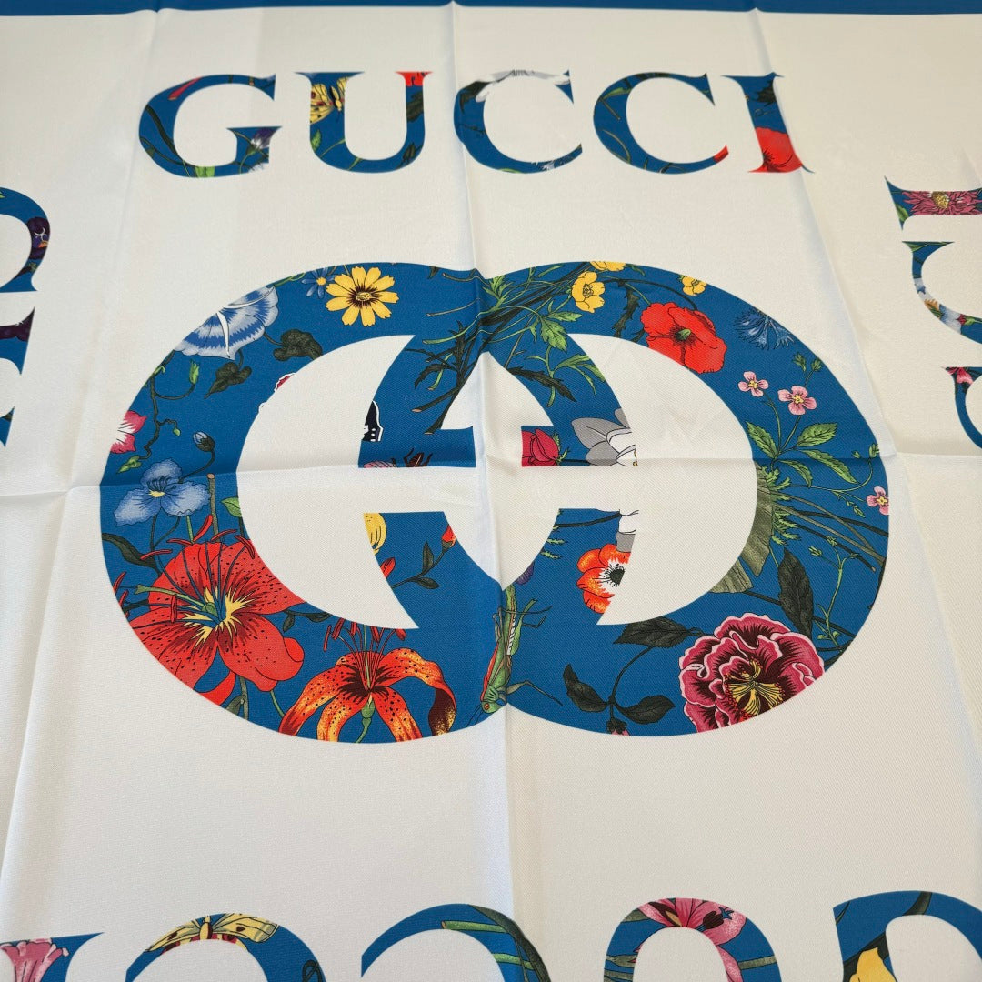 GG Signature Floral Scarf 90CM  White Blue Twill Silk 280695