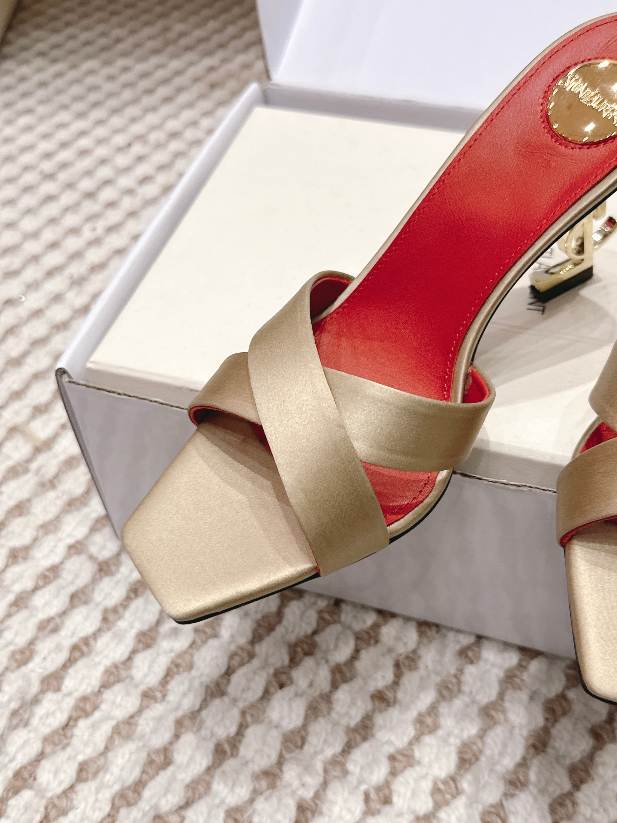 YSL 26ss High-Heeled Mules 85 Gold Champage Red Satin Leather 660674