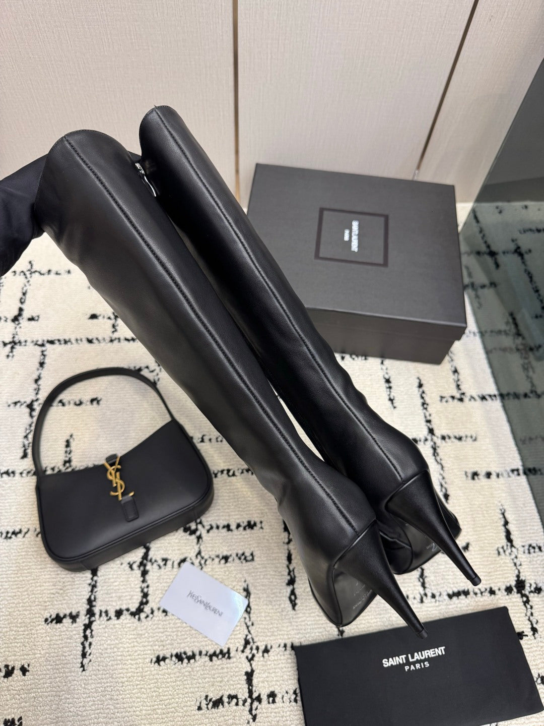YSL 2026 Pointed Toe Knee- High Boots 100mm Leather 203340