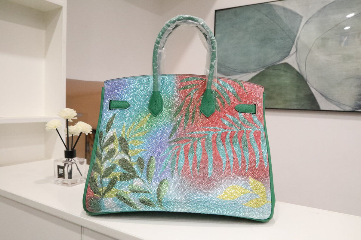 High-end Hermes 2026 "Paradise" Swarovski Crystal Birkin 35cm Bag Vert Vertigo Togo Leather