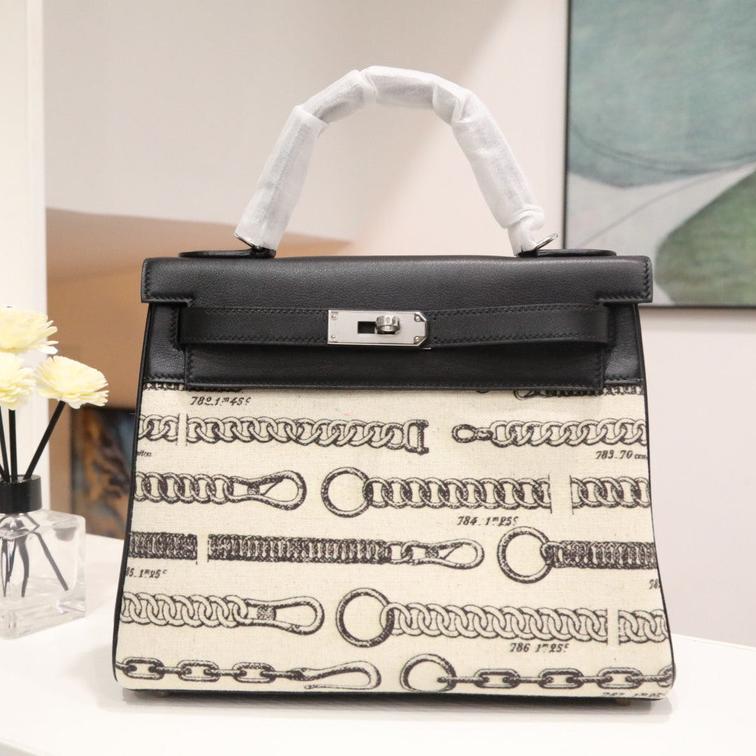 High-end Hermes 2026 Kelly 28cm Black Swift Leather/Canvas