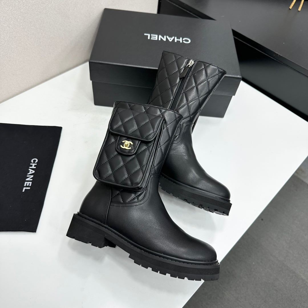 Chanel 2026 Quilted Pocket Combat Boots Black Cowhide 985931