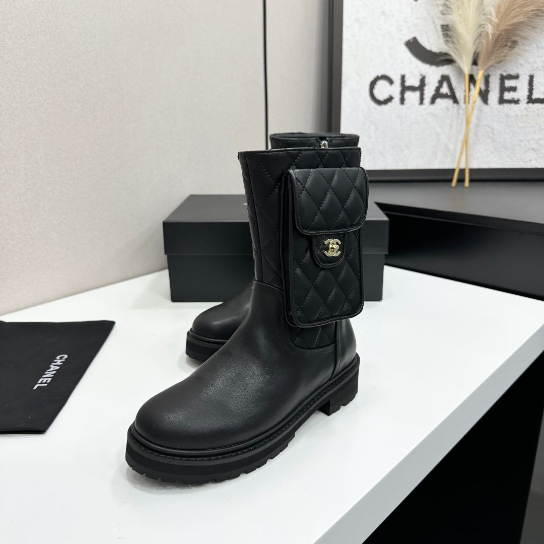 Chanel 2026 Quilted Pocket Combat Boots Black Cowhide 985931