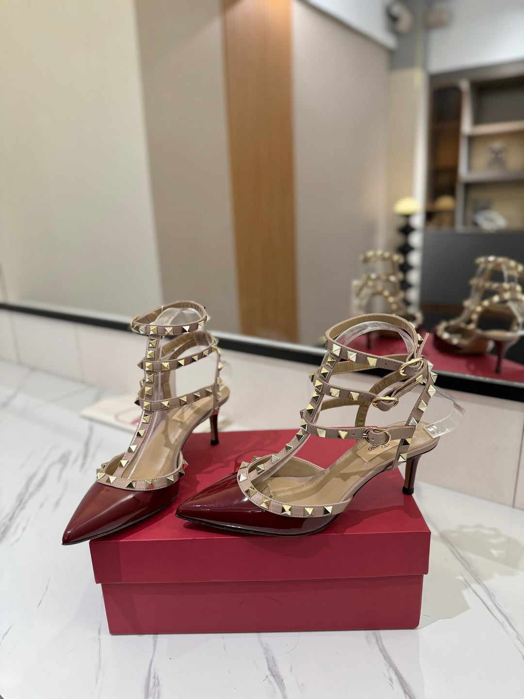 VT Classic Ankle-Wrap Studded Sandal Red Patent Leather Goatskin 351811