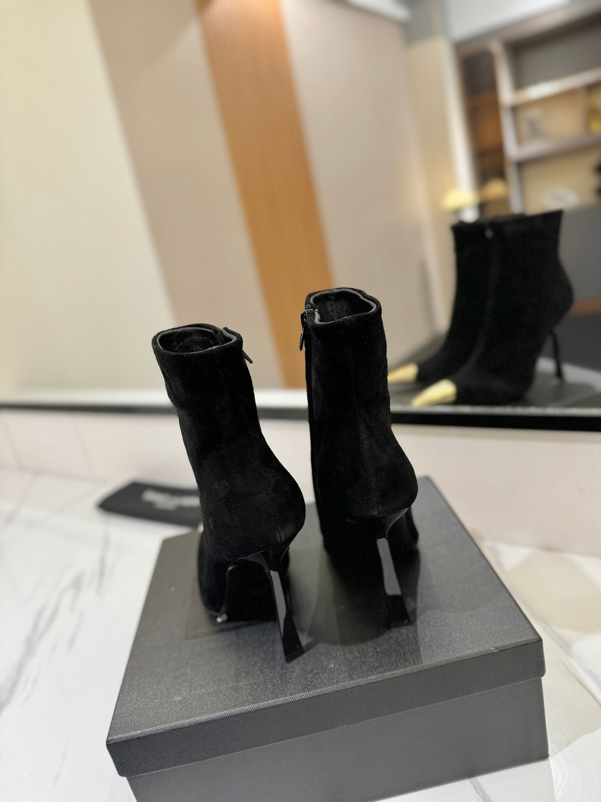 YSL 25 Metal Toe Short Boot Black Gold Suede 520787
