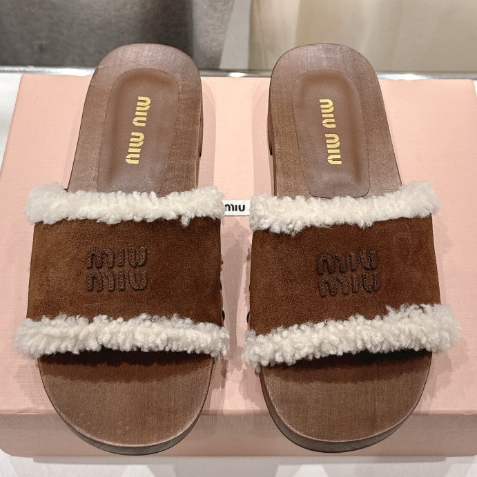 Miu Miu 2026 Faux Fur Trim Sandals Suede 151086