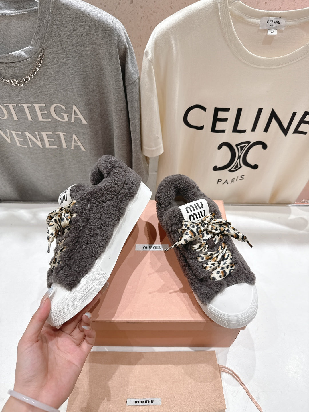 MiuMiu 25 Sneaker Gray Leopard Cowhide Wool 535582