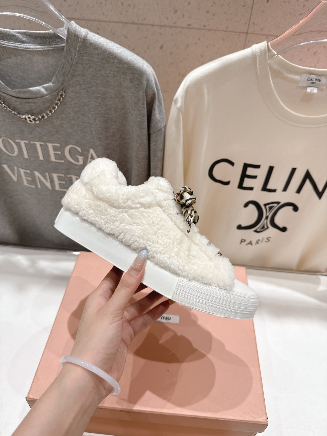 MiuMiu 25 Sneaker White Leopard Cowhide Wool 535583
