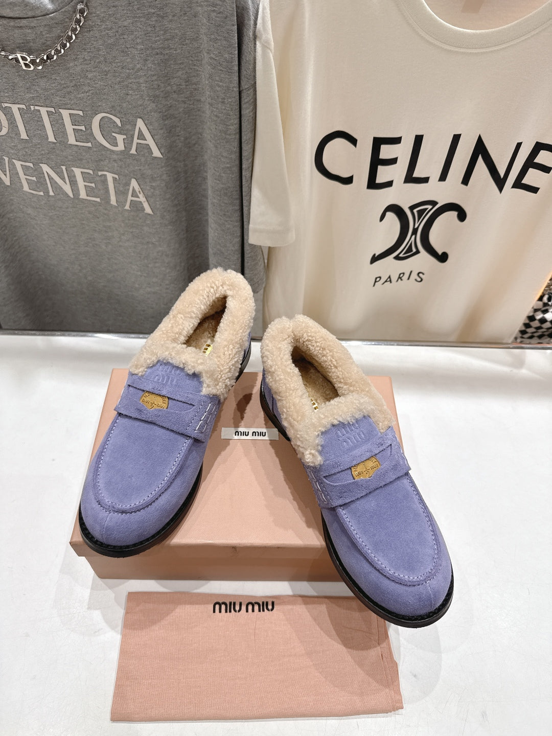 MiuMiu 25 Fur Loafer Light Purple mix Beige Suede 535599