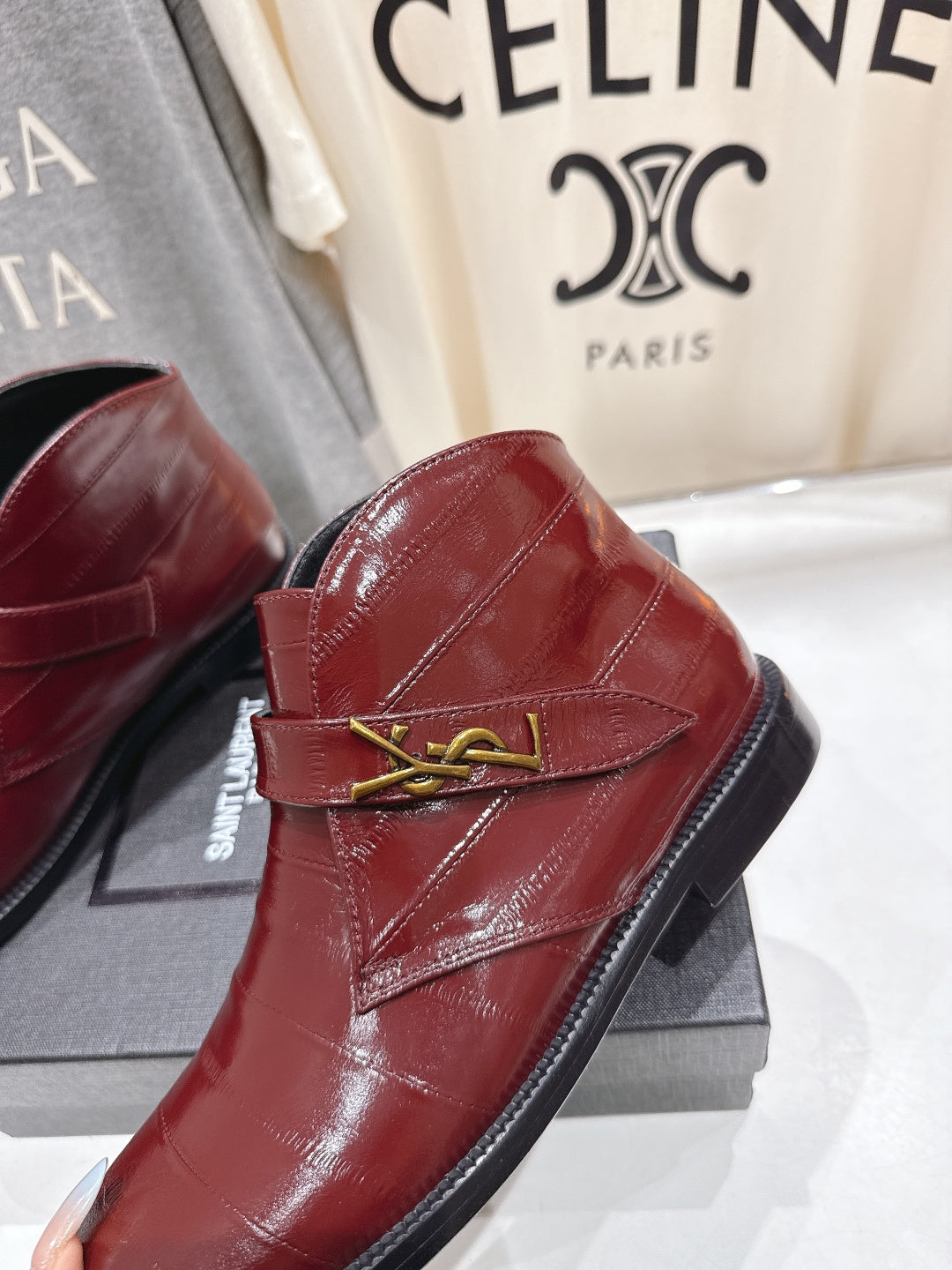 YSL 2025 Brogue Chelsea Ankle Boots Loafer Burgundy Cowhide 567585
