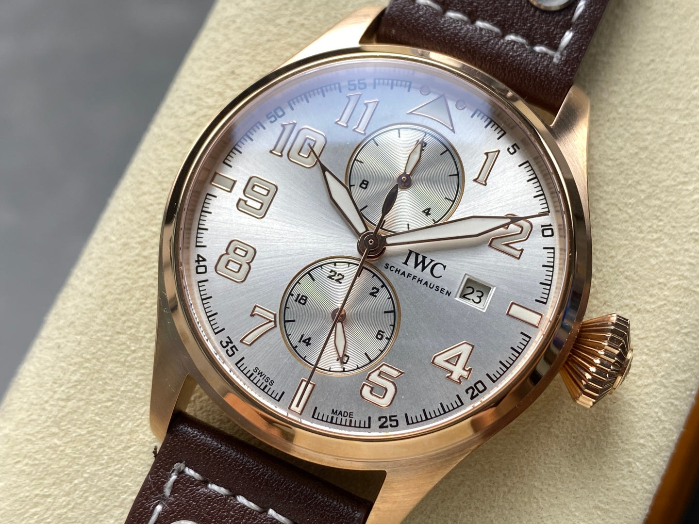 IWC Big Pilot 46mm Gray Dial Pink Gold Case Brown Leather Strap