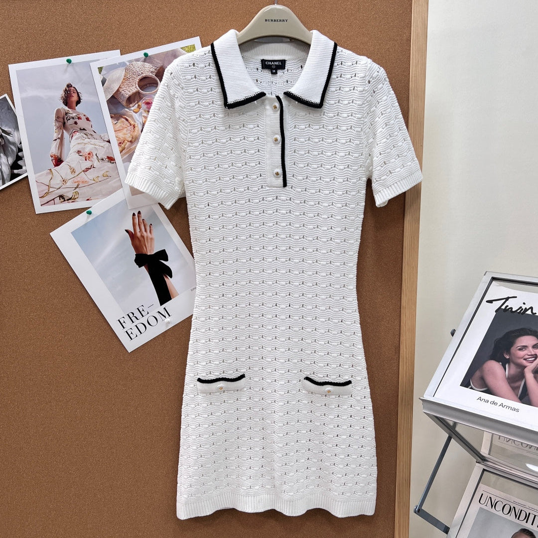 Chanel 2026 Polo Collar Openwork Knit Dress White Cotton 434950