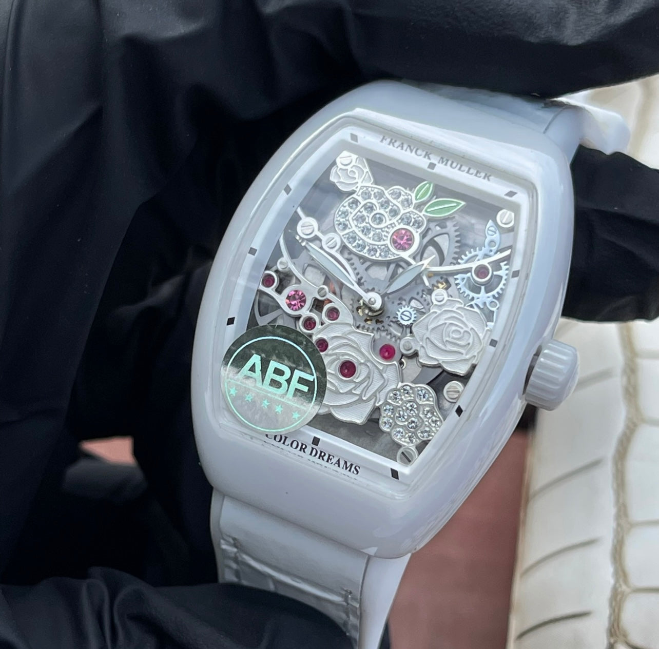 Franck Muller Vanguard 32mm Multicolor Flower Dial White Crocodial Leather