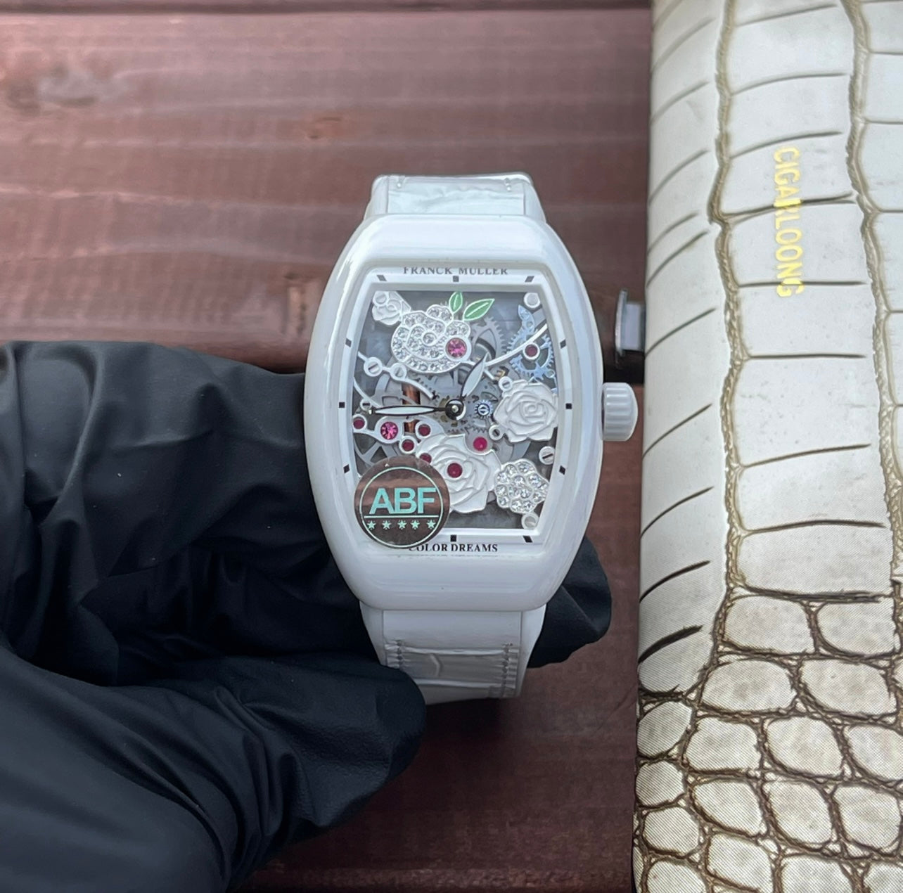 Franck Muller Vanguard 32mm Multicolor Flower Dial White Crocodial Leather