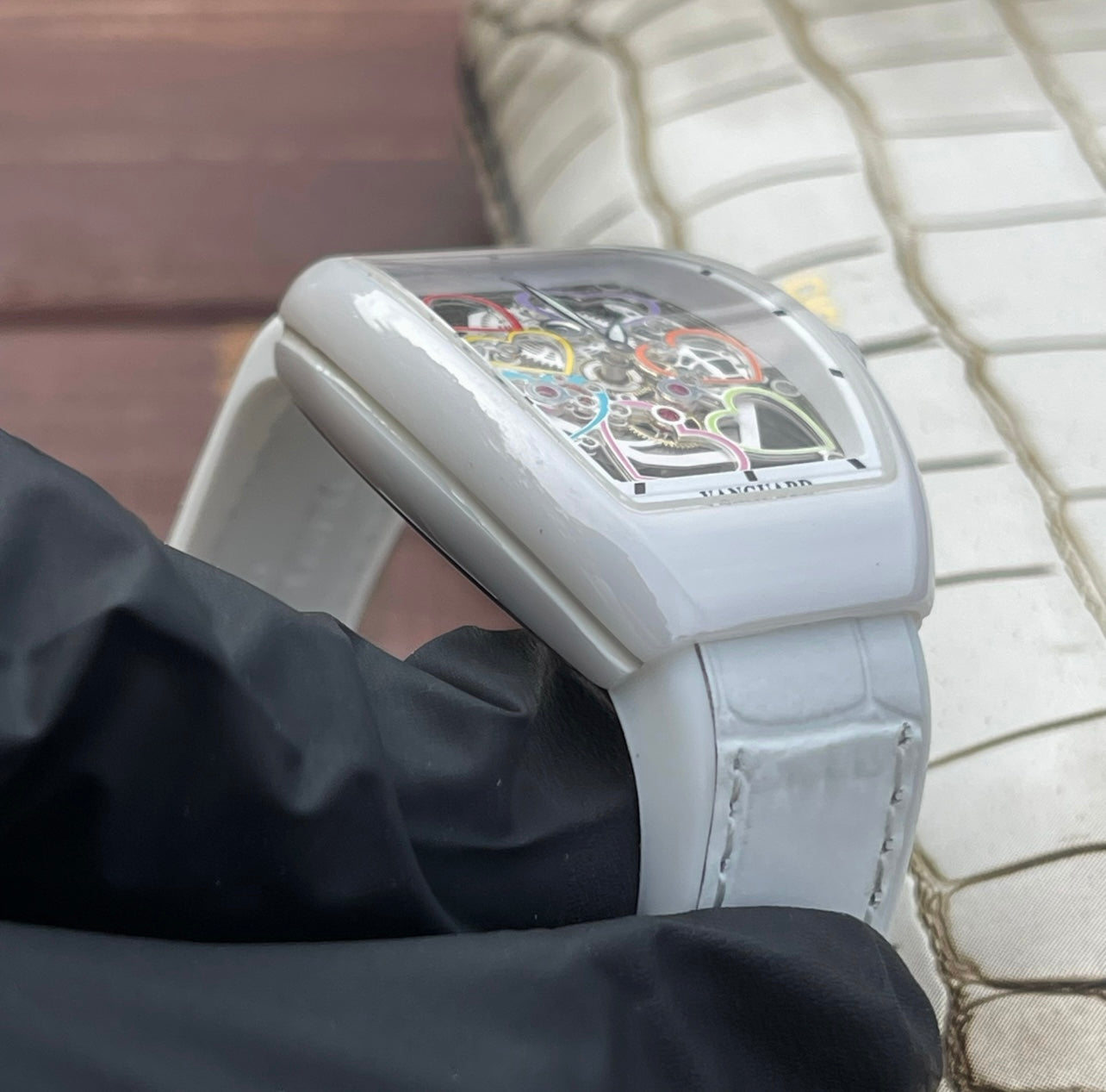 Franck Muller Vanguard 32mm Multicolor Heart Dial White Crocodial Leather