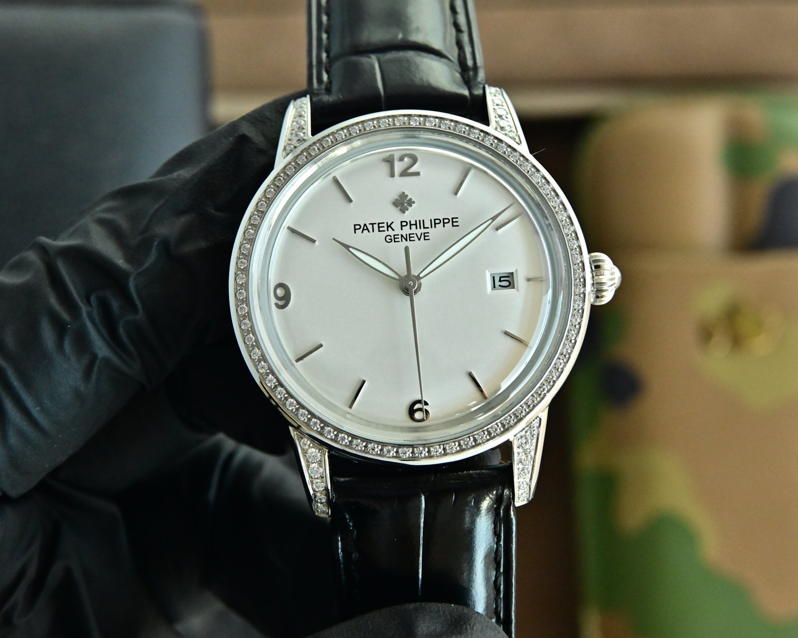 Patek Philippe Calatrava 40mm Diamond Benzel White Dial Black Strap
