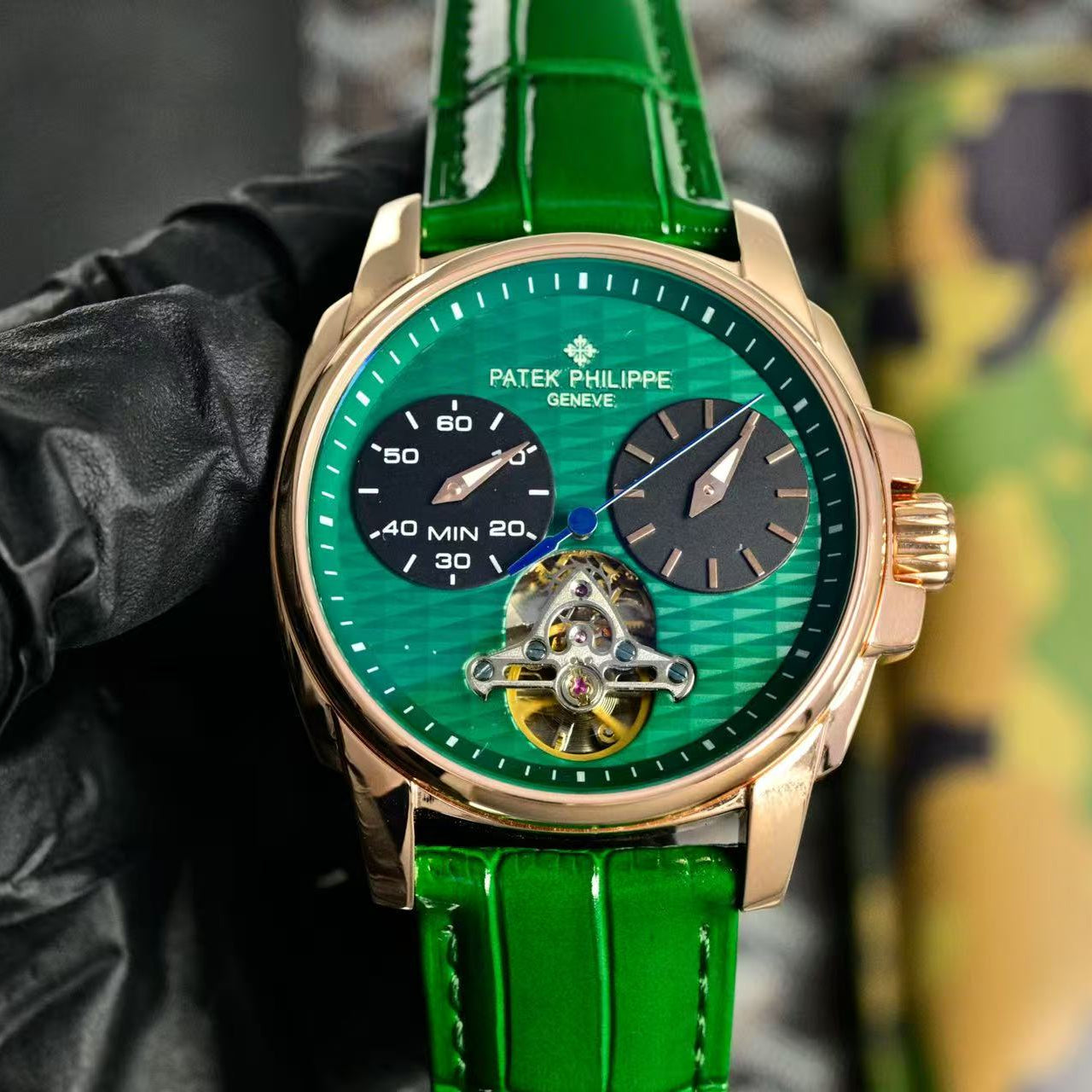 Patek Philippe Double Tourbillon Green Dial 42mm Watch Rose Gold Case
