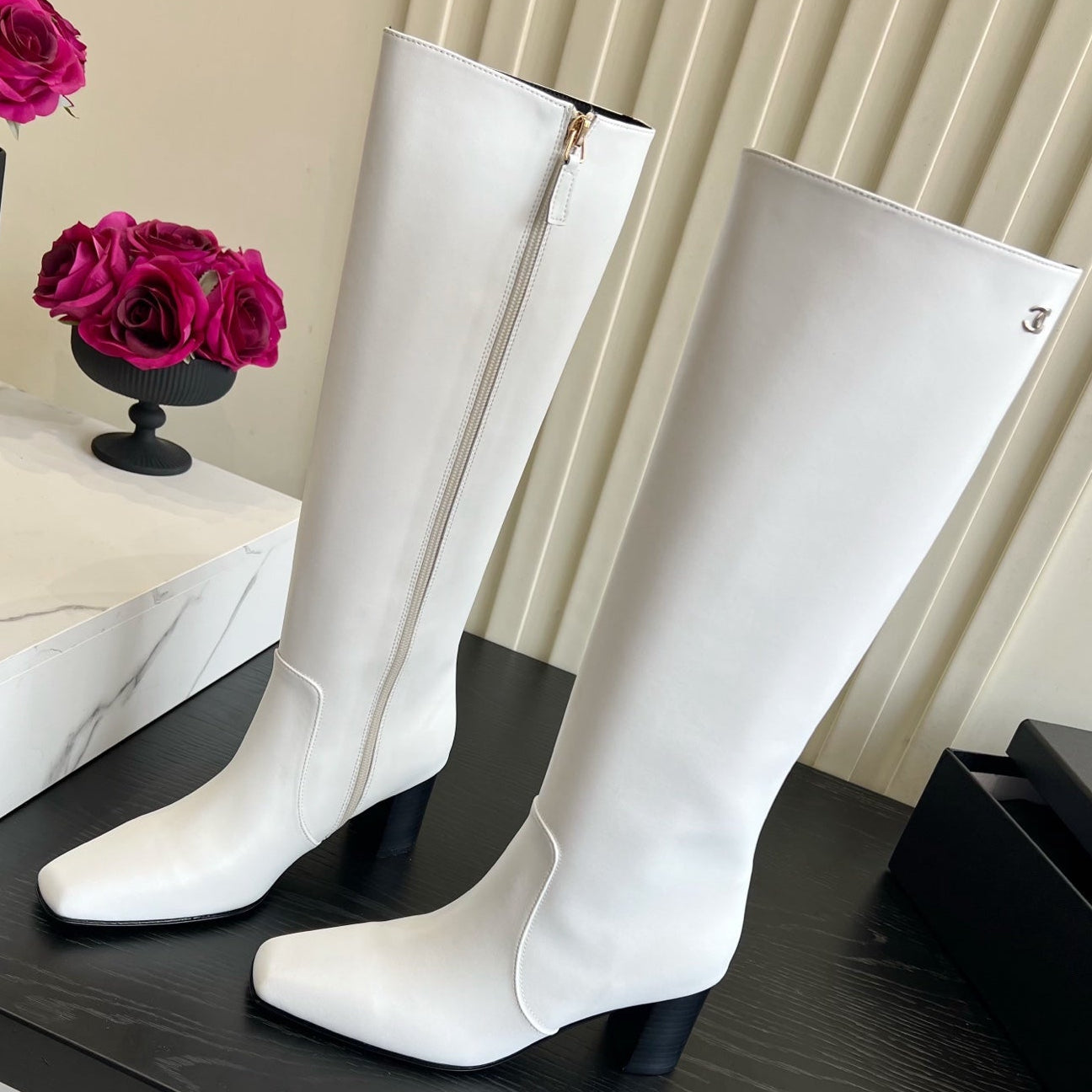 Chanel 2026 Square Toe Chunky Heel High Boots 50mm Cowhide 977240