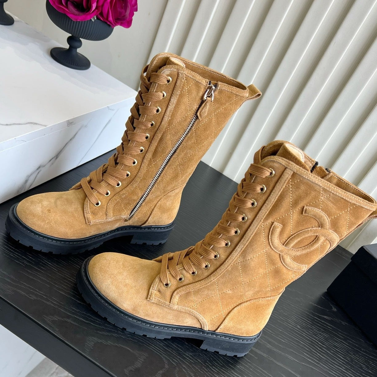 Chanel 2026 Quilted Logo Lace Up Tall Combat Boots Suede Cowhide 977208