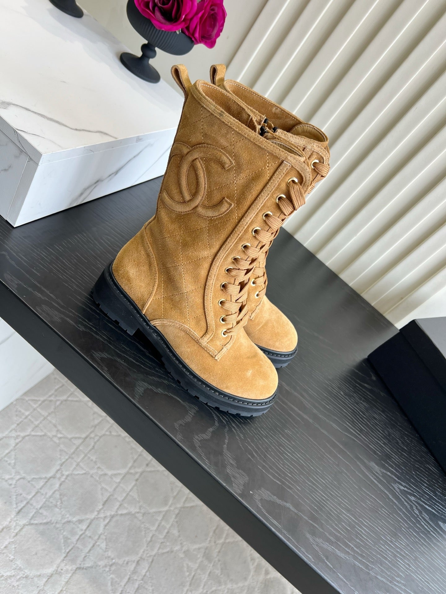 Chanel 2026 Quilted Logo Lace Up Tall Combat Boots Suede Cowhide 977208
