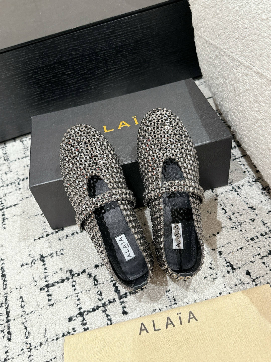Alaia 25 Embellished Mary Jane Flats Silver Suede  293180