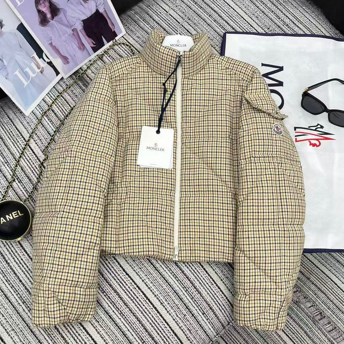 Moncler 2026 Keros Wool Blend Check Short Down Beige Jacket 260816