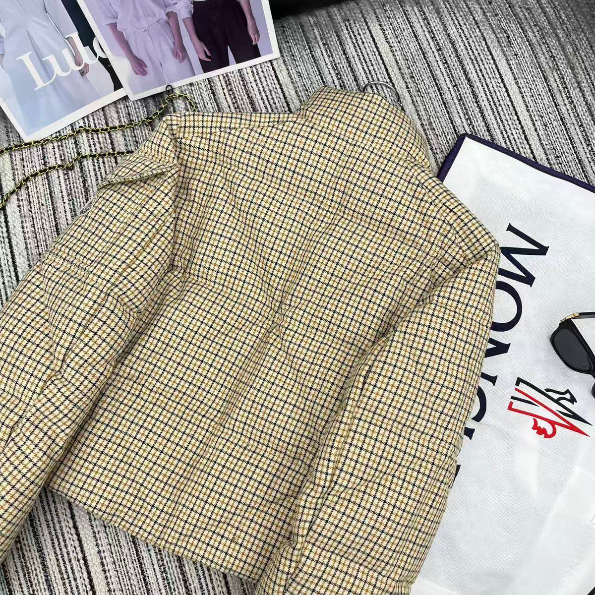Moncler 2026 Keros Wool Blend Check Short Down Beige Jacket 260816